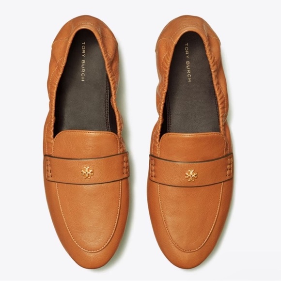 Tory Burch Ballet Bourbon Brown Leather Gold Logo Embellished Loafers - Picture 1 of 16